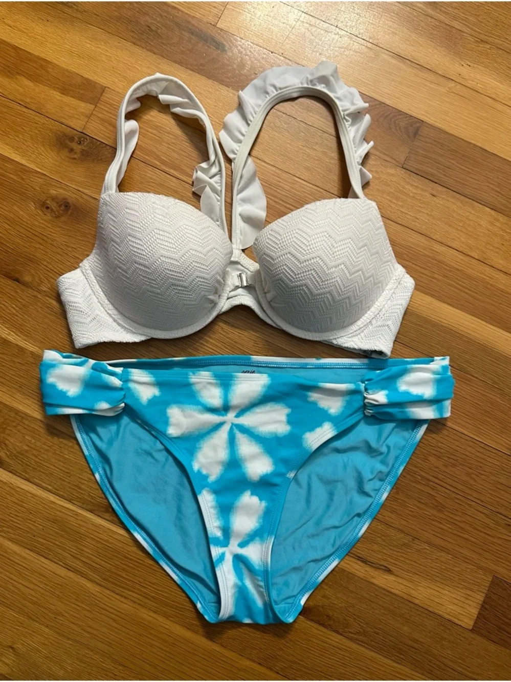 aerie‎ White Ruffle Strap Bikini Top with Blue Tie-Dye Bottoms